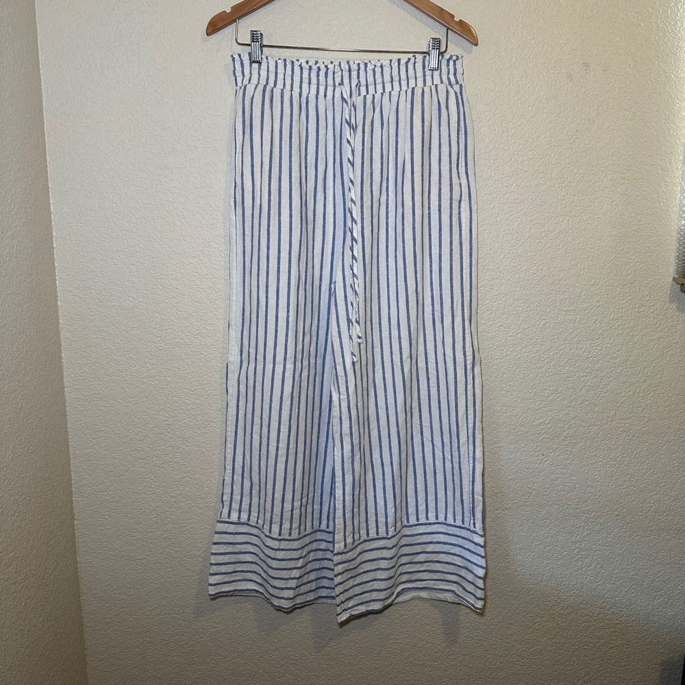 Lauren Conrad Womens Size M Wide Leg Pants Linen Blue Striped Boho Flowy Beach